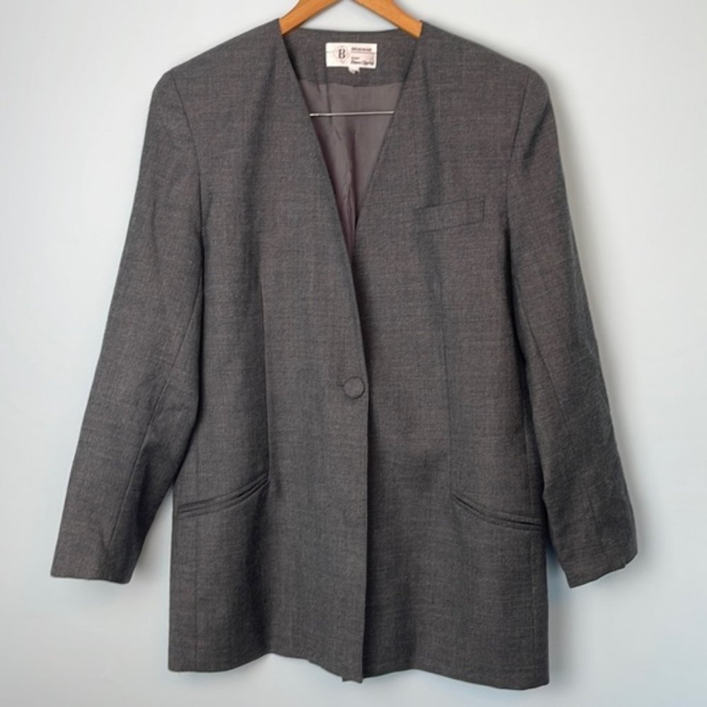 Vintage Braemar by Diana Charles Grey Oversized 100% Virgin Wool Blazer Size 12